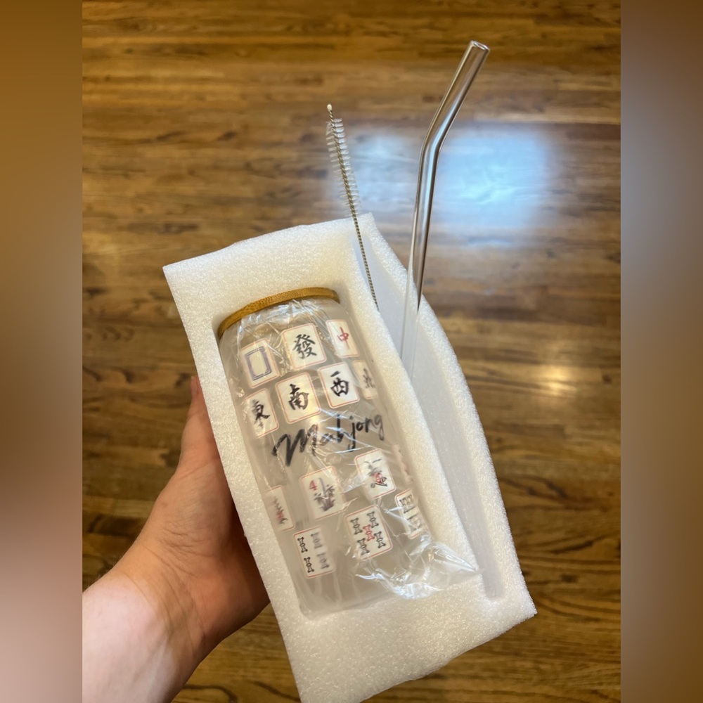 Mahjong Themed Glass Tumbler with Straw